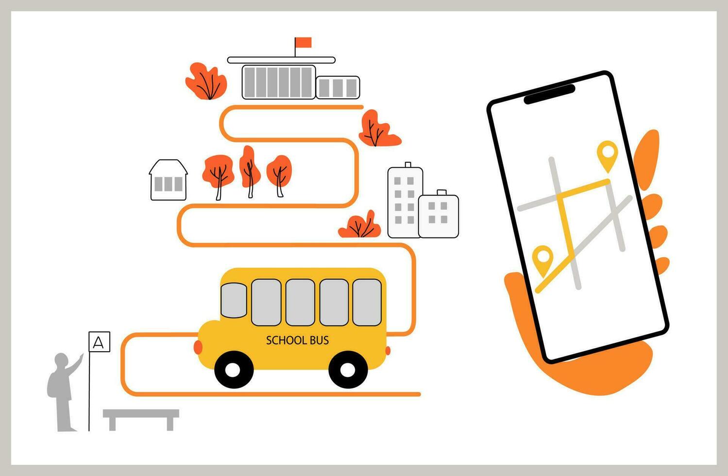 ilustração de sistema de rastreamento móvel de ônibus escolar de estudante urbano moderno vetor