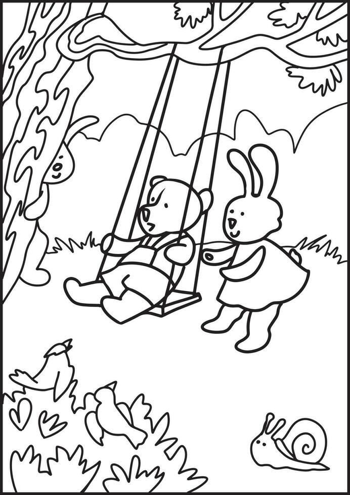 ursinho fofo e coelho balançam em um balanço no belo canto da floresta. livro de colorir. ilustração vetorial isolado dos desenhos animados. design infantil para livro de colorir de atividade infantil ou página. vetor