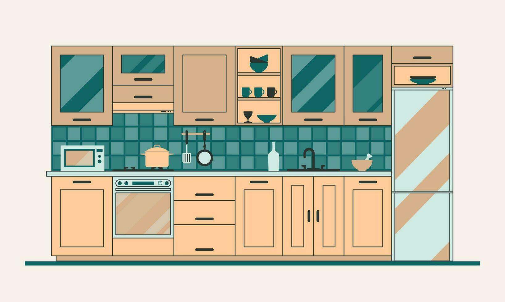 ilustração vetorial plana, móveis de cozinha moderna. utensílios de cozinha, eletrodomésticos e utensílios. equipamento de preparação de alimentos vetor