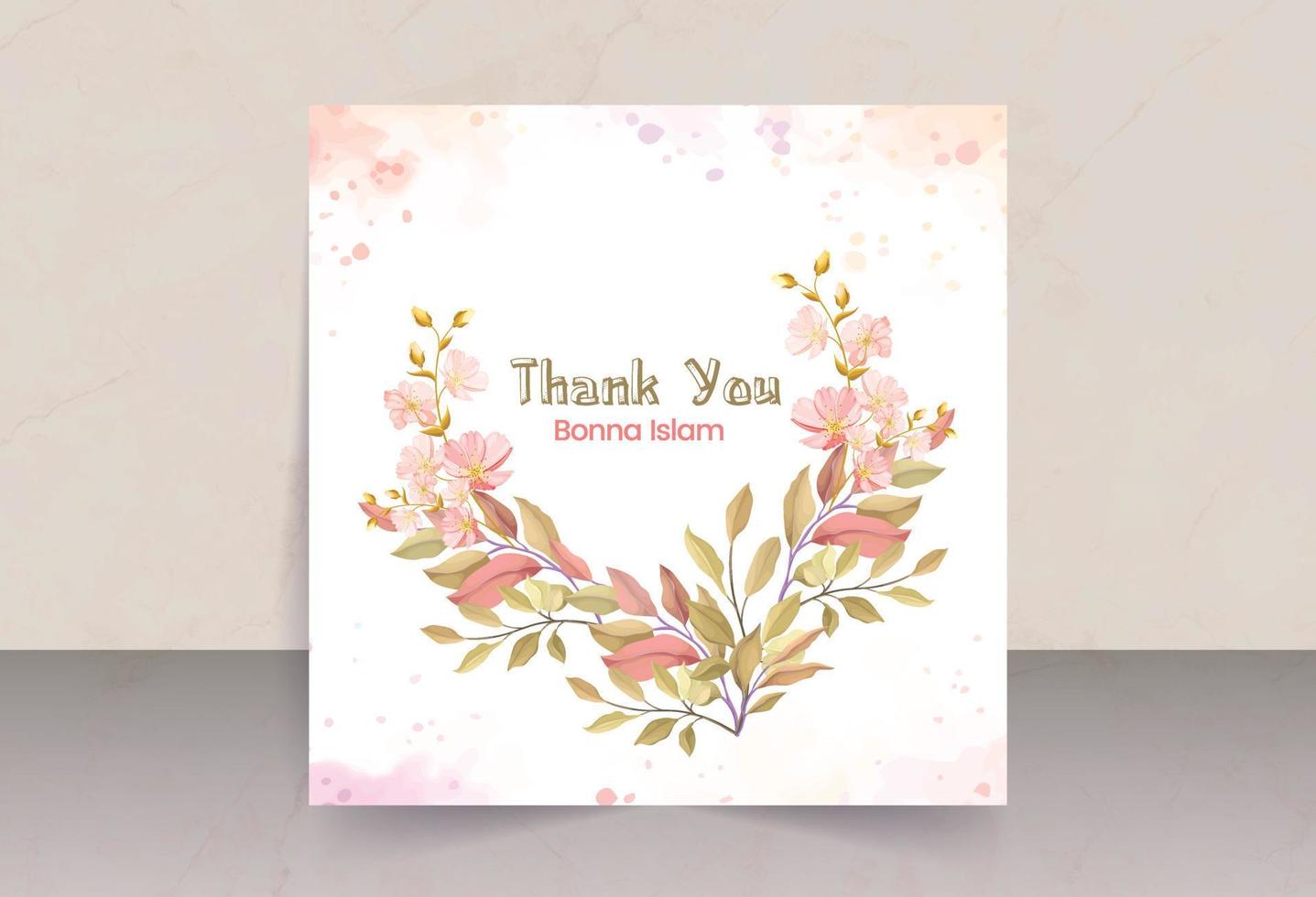 folhas de laranja rosa únicas com cartão de agradecimento de flor de cosmos vetor