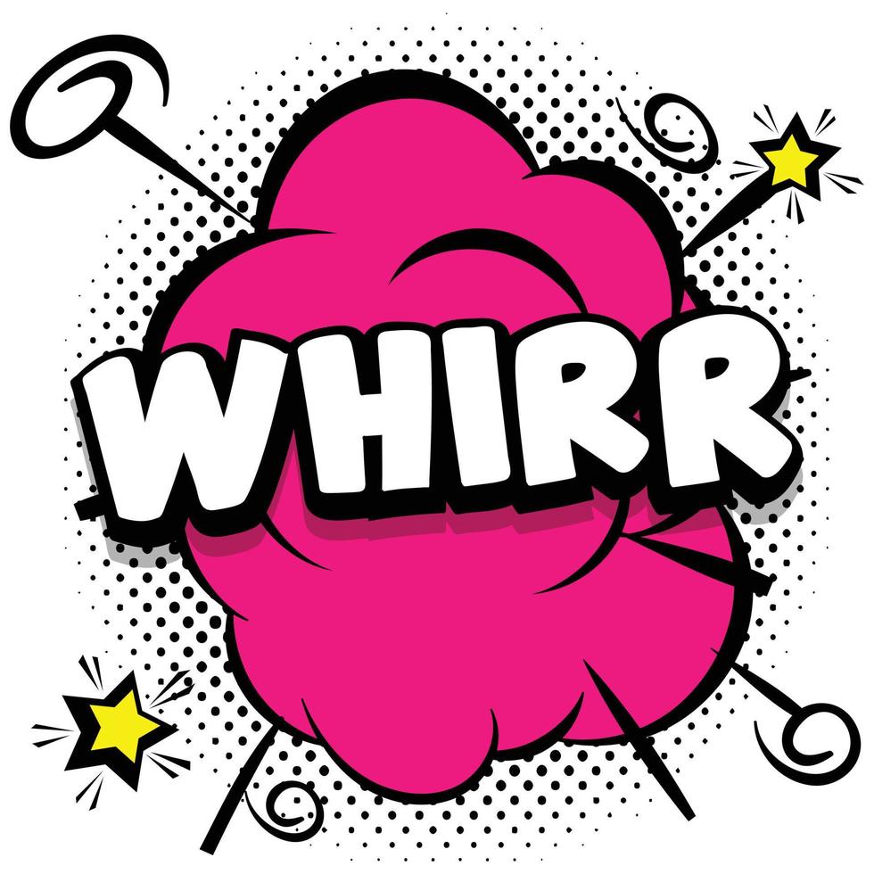 Whirr modelo brilhante em quadrinhos com bolhas do discurso em quadros coloridos vetor