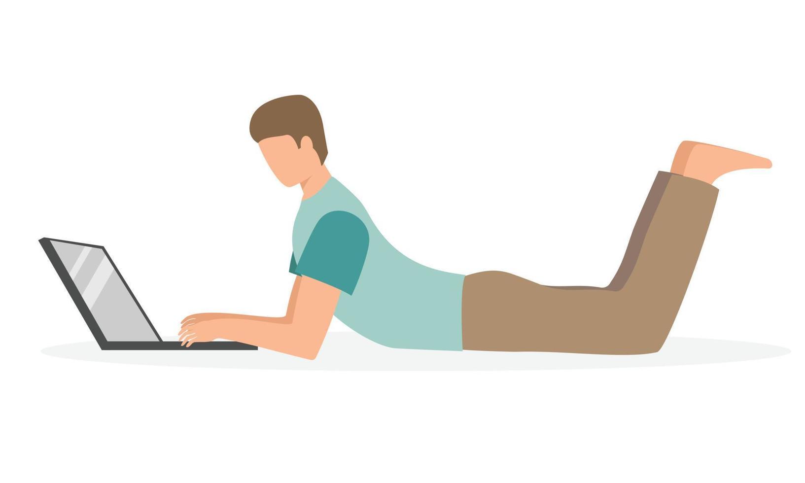 homem europeu deitado e trabalhar com laptop isolado no fundo branco. freelancer, trabalhar em casa. ilustração vetorial. vetor