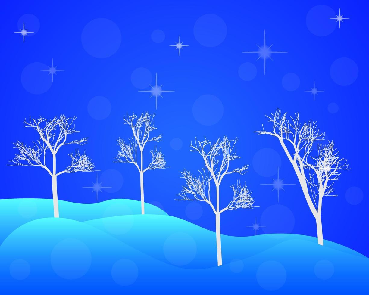árvores de inverno em montes de neve com estrelas no céu e fundo azul vetor