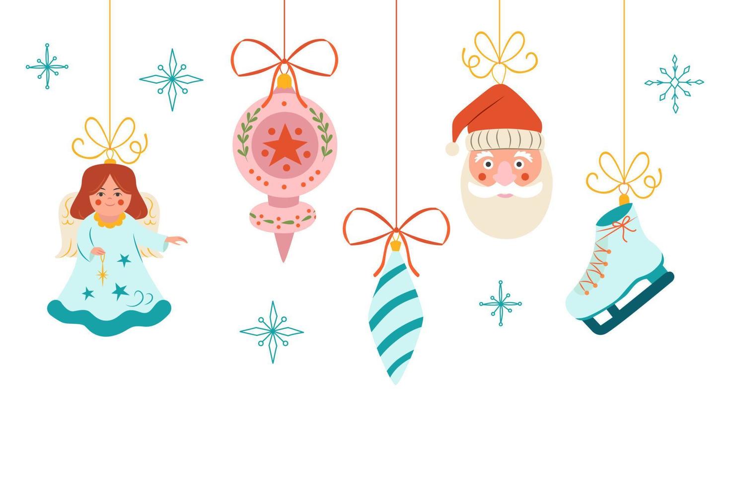 fundo de natal com brinquedos decorativos. enfeites de natal pendurados elegantemente. decoração de férias, cartão, cartaz, convite, anúncio vetor