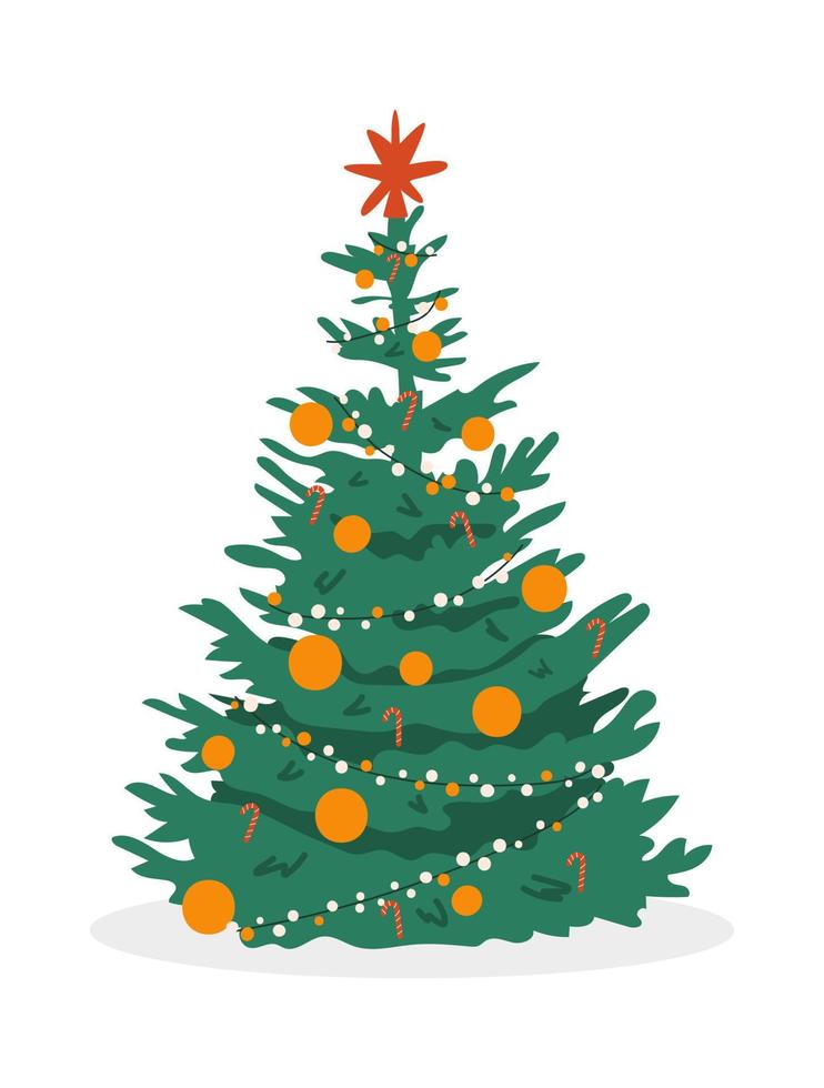 árvore de natal decorada com bolas e guirlandas e bastões de doces com estrela no topo. ilustração vetorial de árvore de natal para web design, cartão de férias, pôster, adesivo, design de embalagem isolado no branco vetor