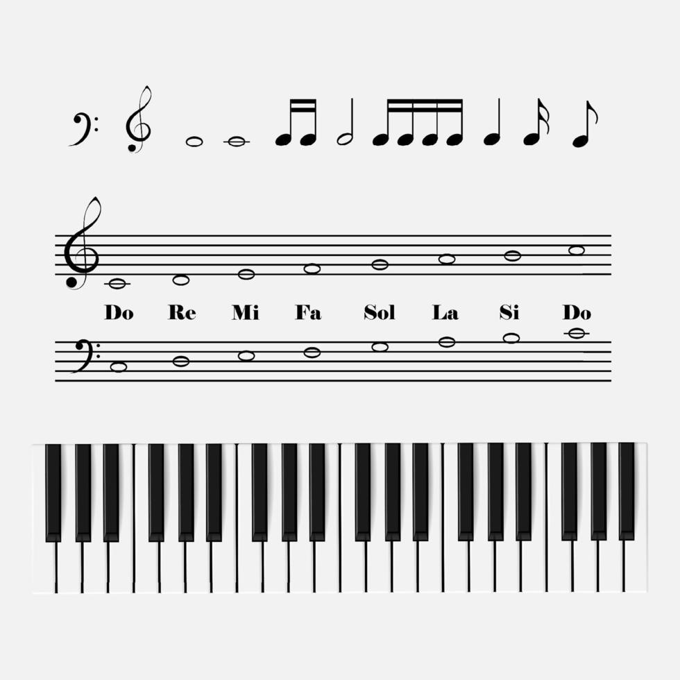 teclas de piano realistas de vetor com notas. design de tema de música.