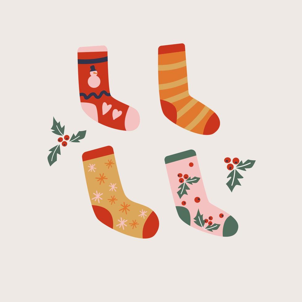 conjunto de meias de inverno quente com diferentes desenhos de natal. estilo doodle bonito. ilustração sazonal de roupas externas vetor