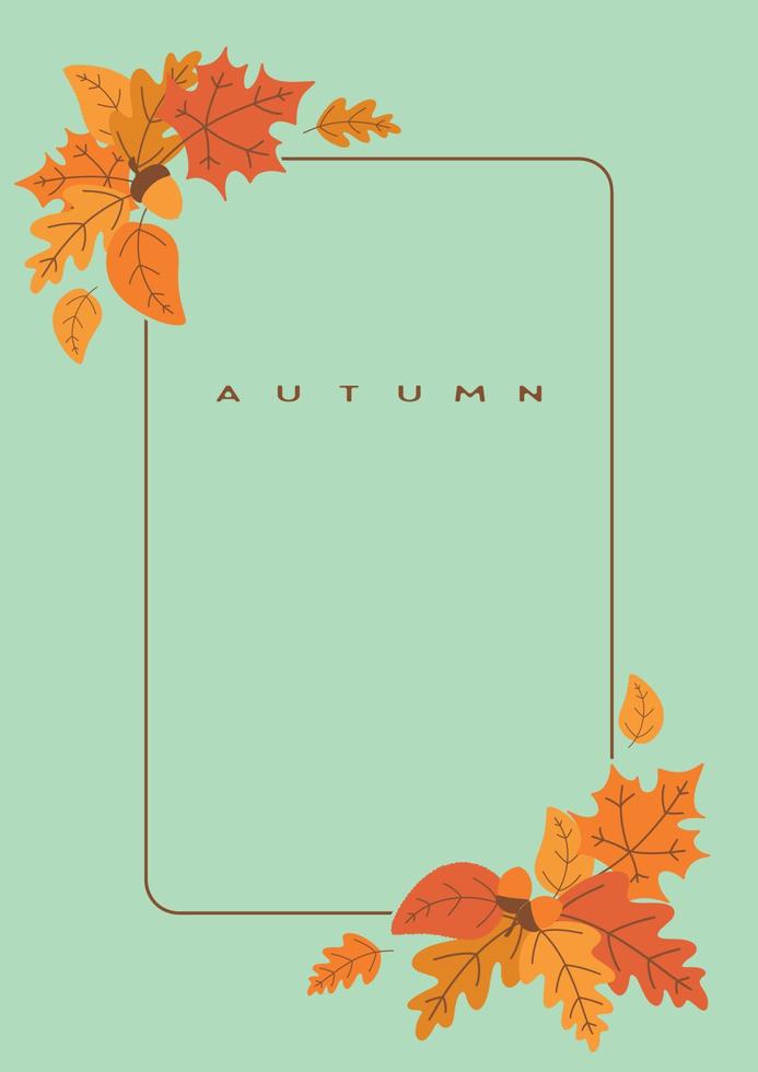 folhas de outono multicoloridas e bolotas em um fundo azul. moldura para decoração. modelo de convite. desenho de ilustração vetorial. vetor