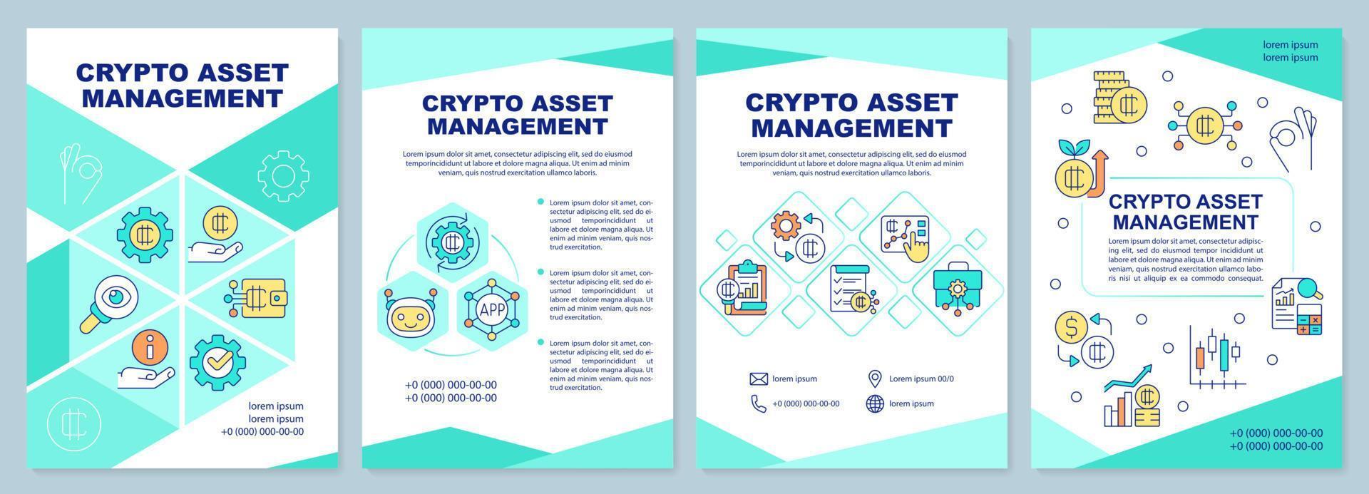 modelo de brochura de hortelã de gerenciamento de ativos tokenizados. criptografia. design de folheto com ícones lineares. 4 layouts vetoriais editáveis para apresentação, relatórios anuais. vetor