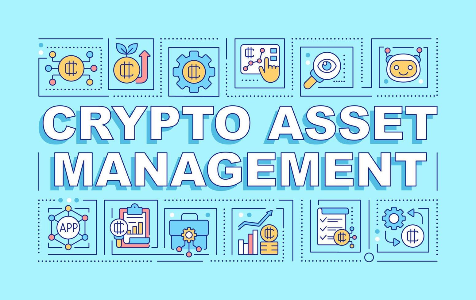 bandeira azul dos conceitos da palavra de gerenciamento de ativos criptográficos. controle de fundos. infográficos com ícones editáveis na cor de fundo. tipografia isolada. ilustração vetorial com texto. vetor