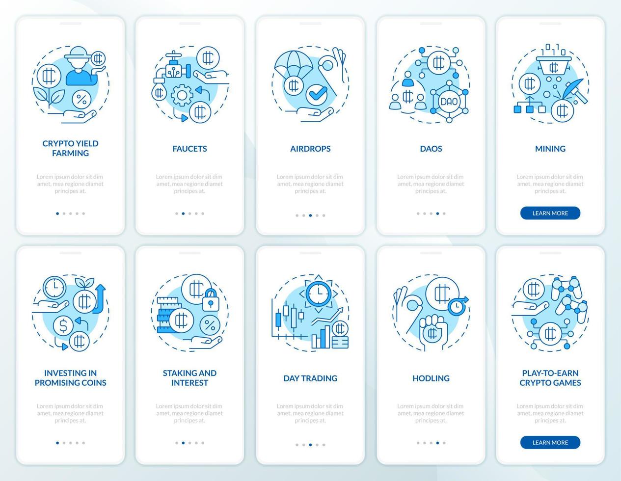 ganhar dinheiro com o conjunto de telas de aplicativos móveis de integração azul criptográfico. passo a passo 5 passos de instruções gráficas editáveis com conceitos lineares. ui, ux, modelo de gui. vetor