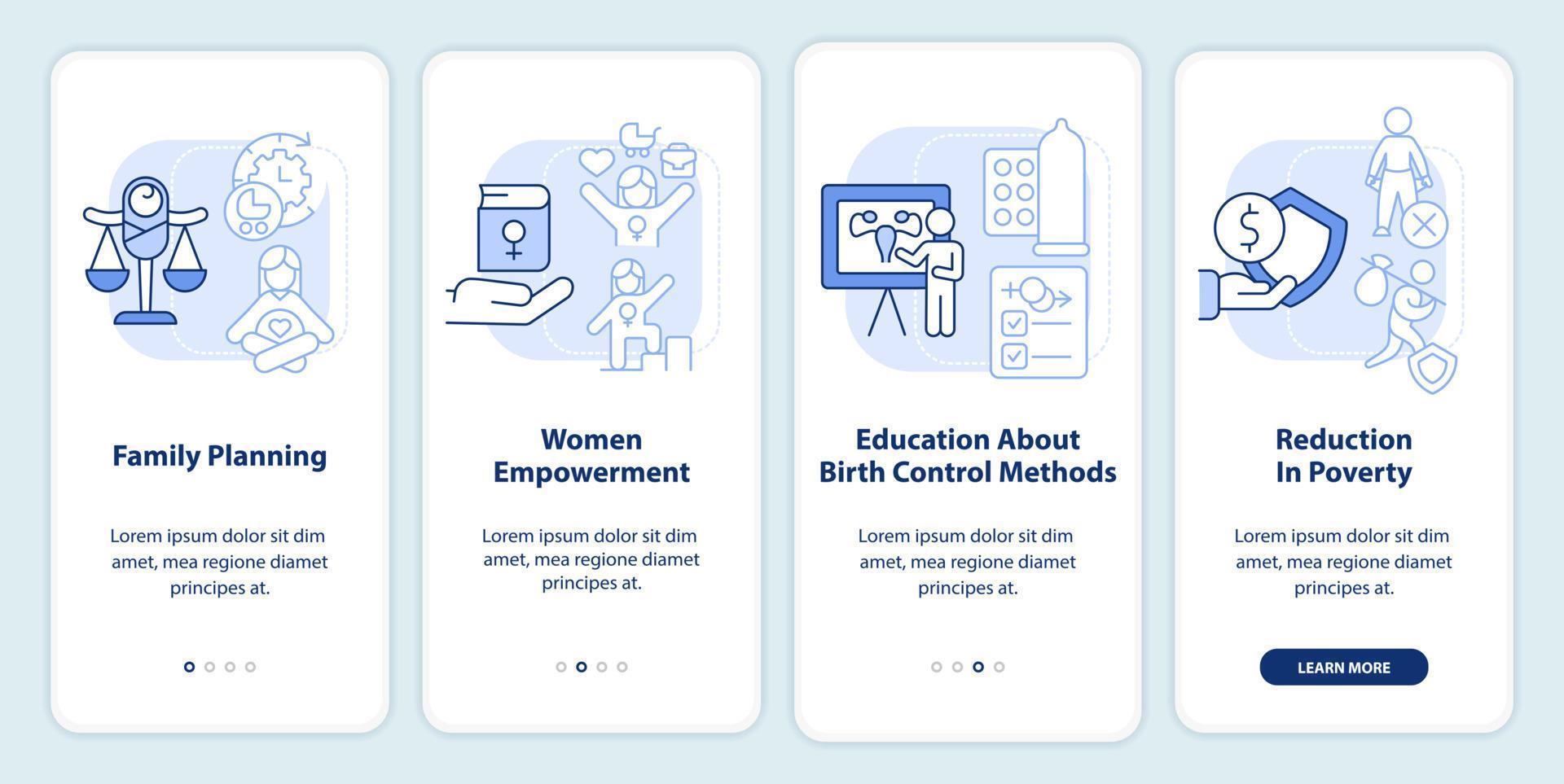 soluções para a superpopulação da tela do aplicativo móvel onboarding azul claro. passo a passo 4 etapas de instruções gráficas editáveis com conceitos lineares. ui, ux, modelo de gui. vetor