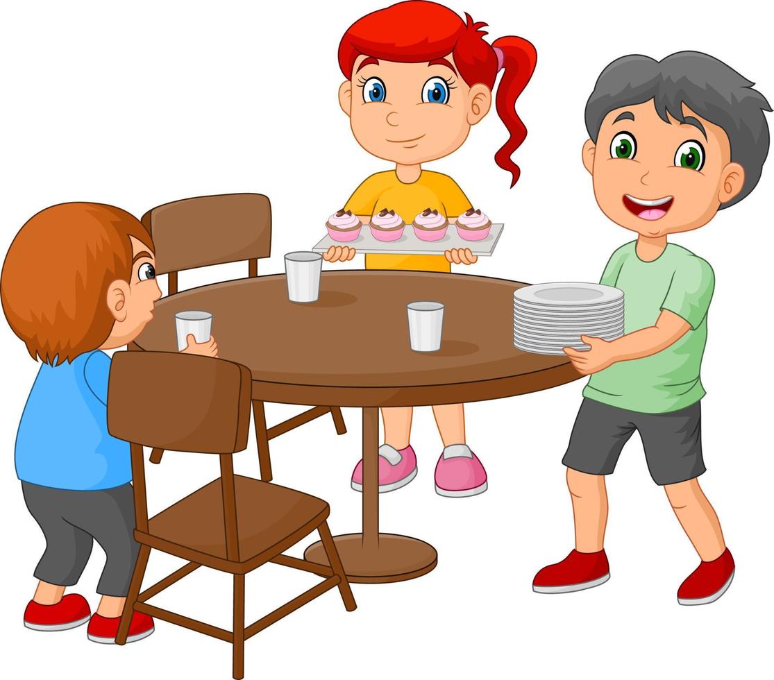 crianças dos desenhos animados, arrumando a mesa de jantar, colocando copos e comida vetor