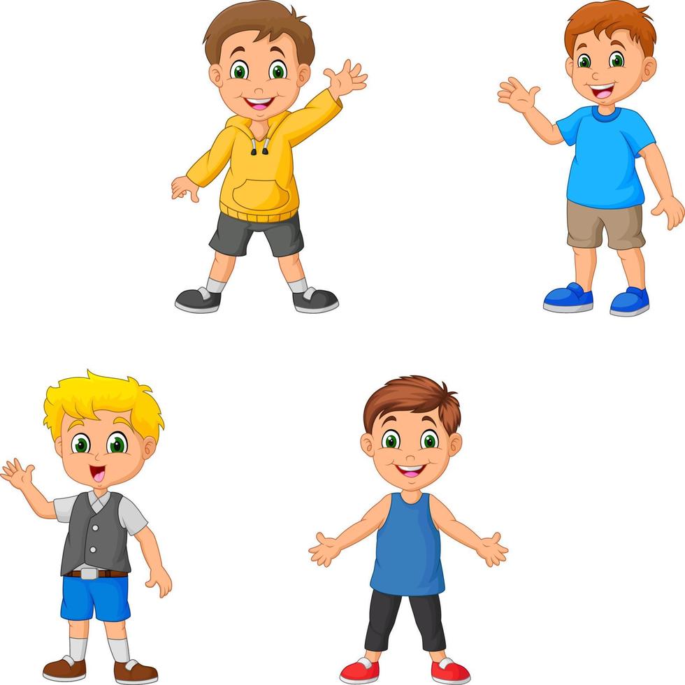 conjunto de coleção de meninos dos desenhos animados acenando a mão vetor