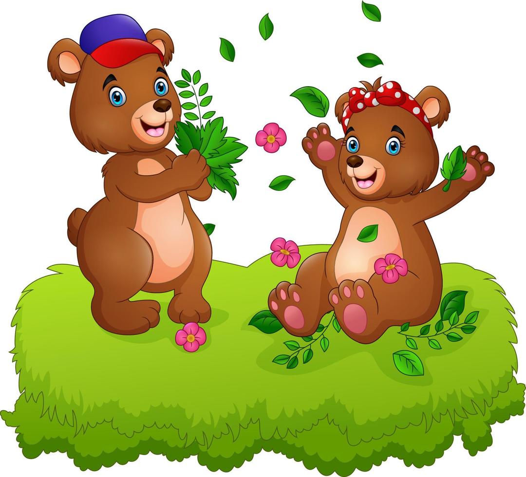 lindo casal de ursos de pelúcia brincando com folhas caídas vetor