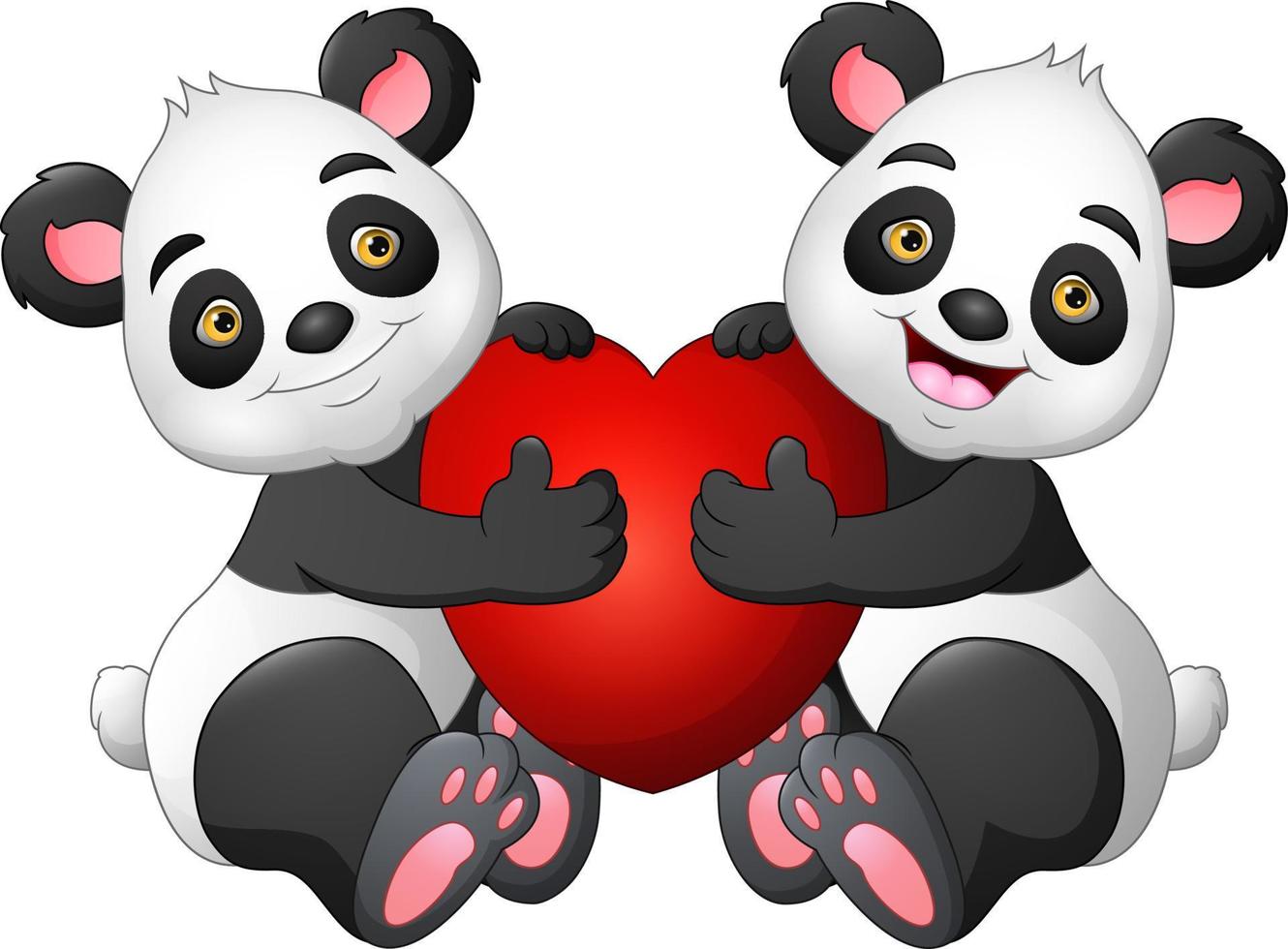 casal de desenhos animados panda com um coração vermelho vetor