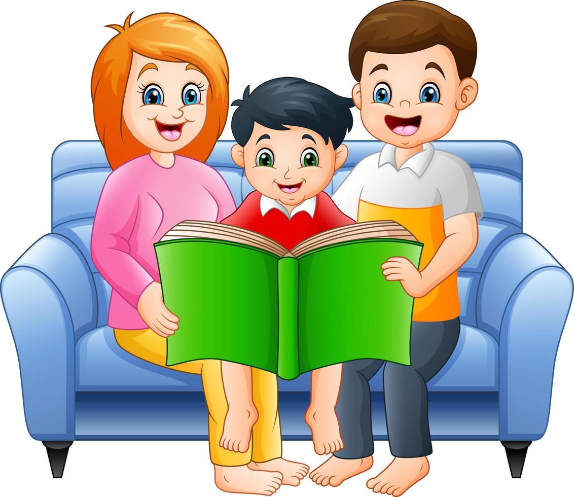 família feliz dos desenhos animados lendo um livro vetor