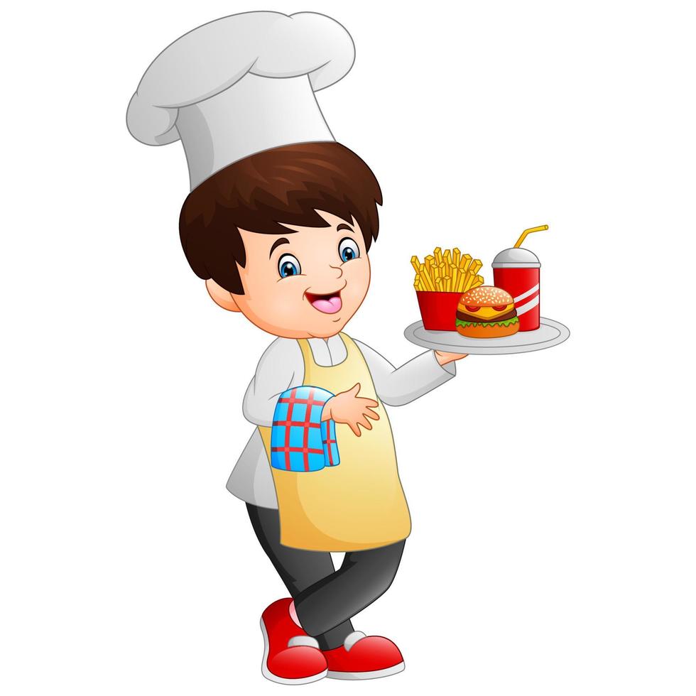 chef de desenho animado cozinhando segurando uma bandeja de fast food vetor