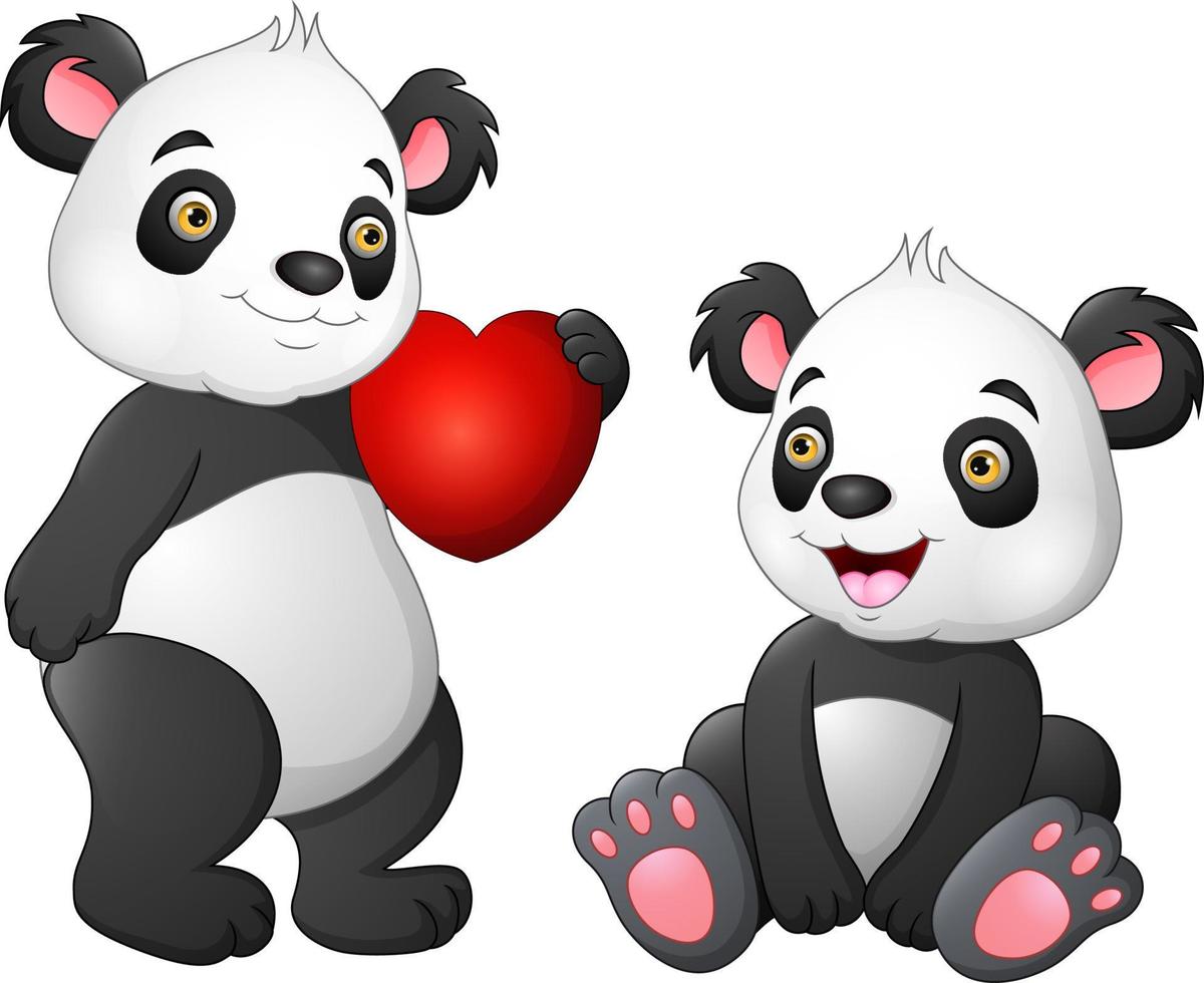 casal de desenhos animados panda com um coração vermelho vetor