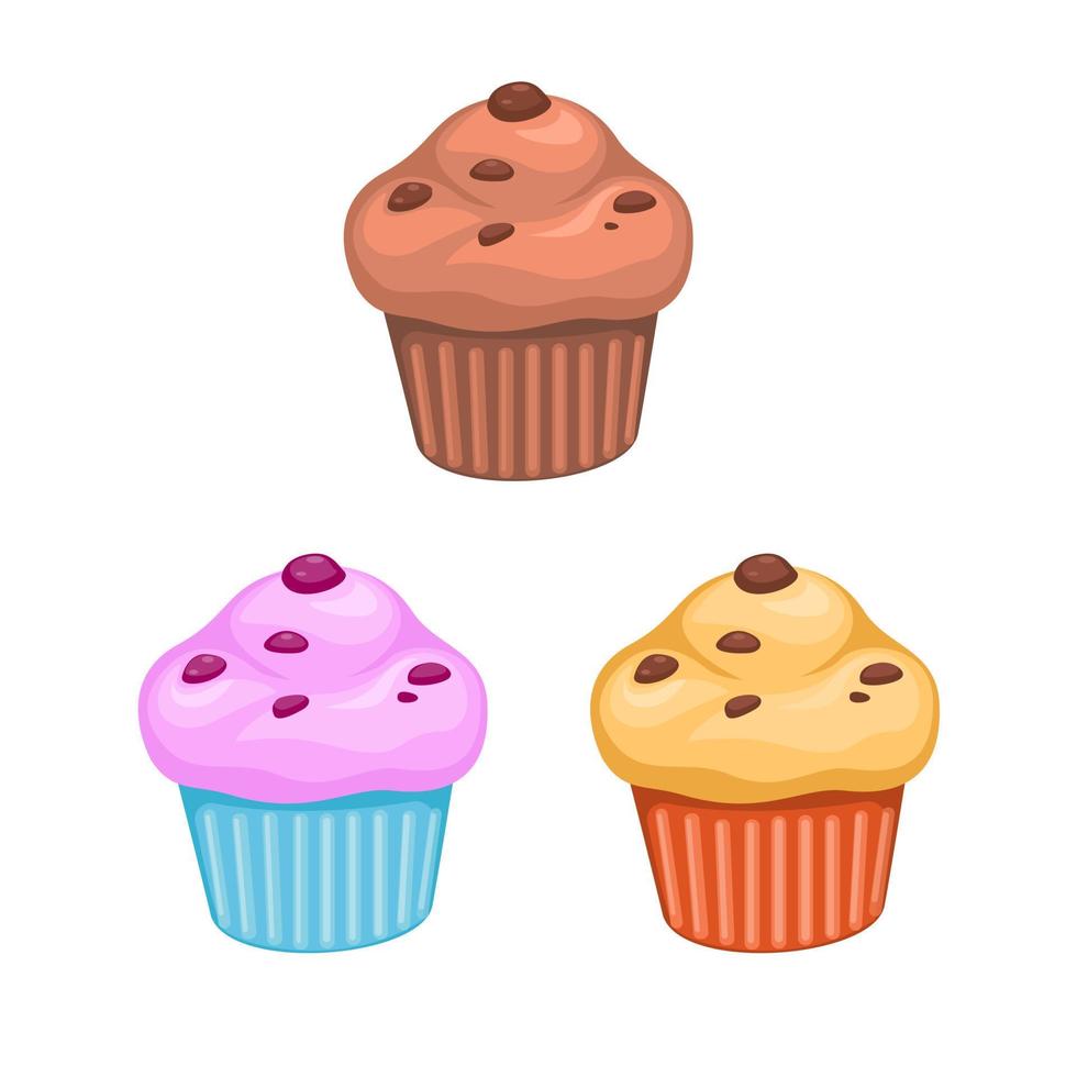 cupcake de muffin com pepitas de chocolate. conjunto de ilustração de conjunto de coleção de biscoito de sobremesa de lanche vetor