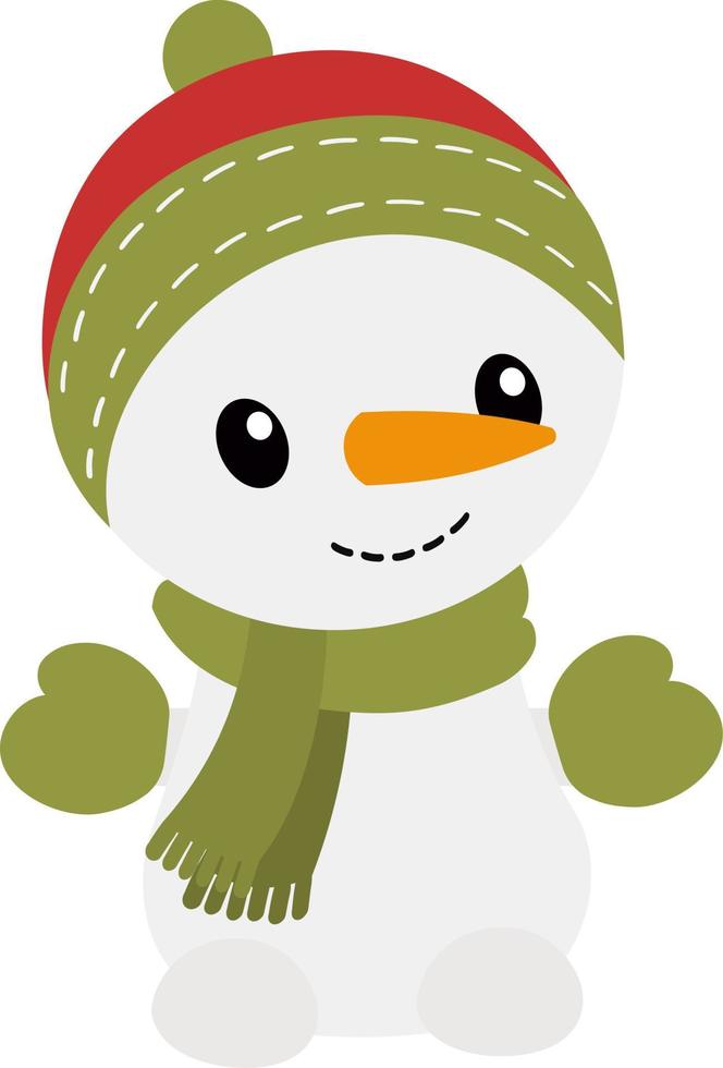 engraçado boneco de neve fofo com lenço verde e nariz de cenoura vetor