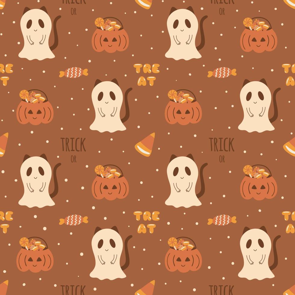 gato de halloween vestido com uma fantasia de fantasma. padrão sem emenda de doces de halloween. festa de Halloween. textura de ilustração de crianças fofas para tecido, embrulho, têxtil, papel de parede, vestuário. fundo vetorial vetor