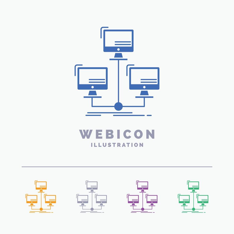 base de dados. distribuído. conexão. rede. modelo de ícone de web de glifo de 5 cores de computador isolado no branco. ilustração vetorial vetor