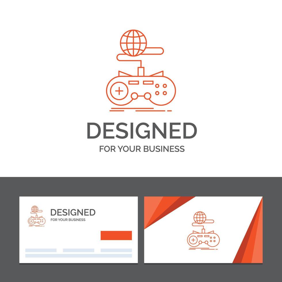 modelo de logotipo de negócios para jogo. jogos. Internet. multijogador. conectados. cartões de visita laranja com modelo de logotipo da marca vetor