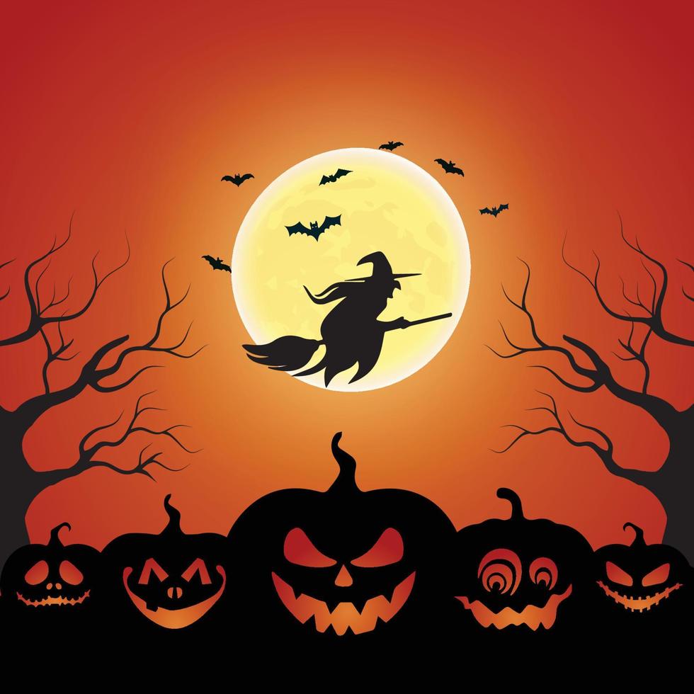 uma bruxa voando em uma noite de lua cheia assustadora. abóbora de halloween assustador e fundo isolado de morcego. vetor