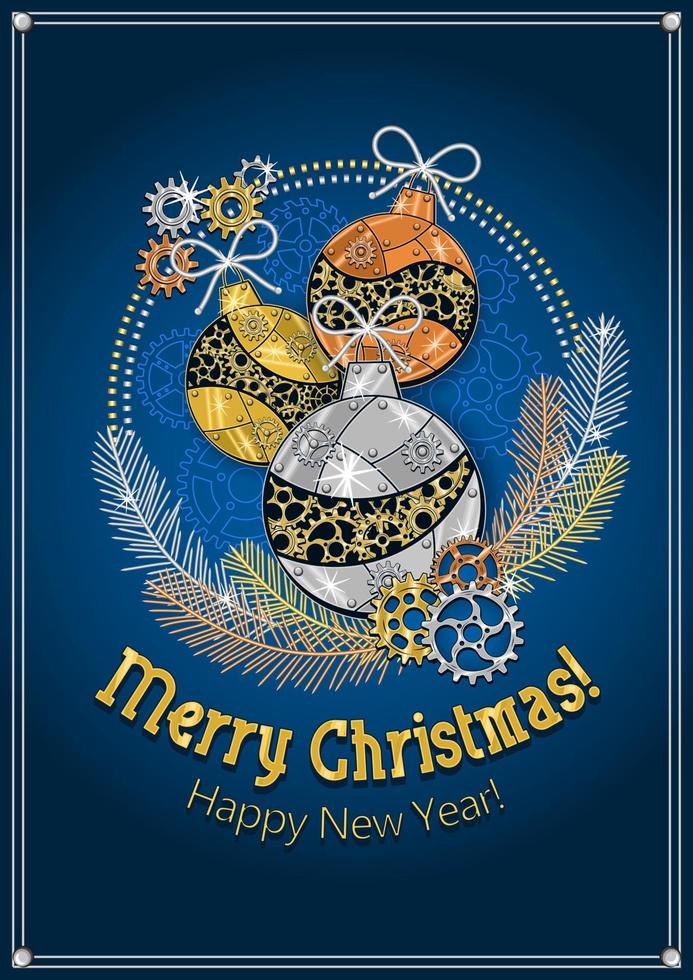 modelo de cartão feliz natal e feliz ano novo. bolas de natal, agulhas de árvores, brilhos sobre fundo azul. ornamentos feitos de engrenagens, placas de metal prateado brilhante, rebites em estilo steampunk. vetor