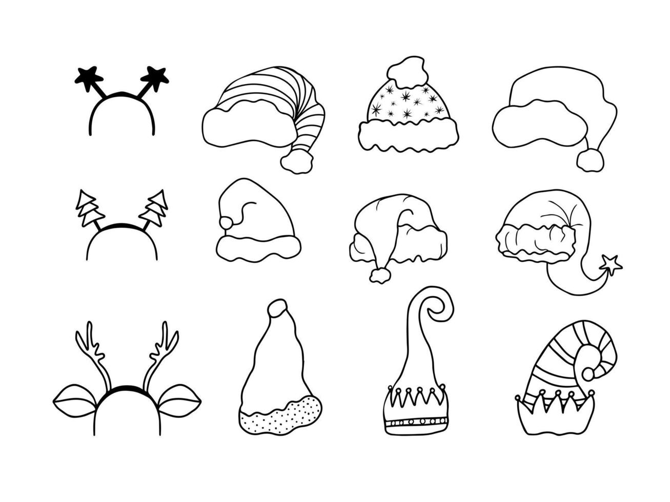 conjunto de chapéus e tiaras de natal desenhados à mão. chapéus de papai noel, chapéus de duende, chifres de rena de brinquedo, tiaras de árvore de natal fofas. isolado no fundo branco vetor