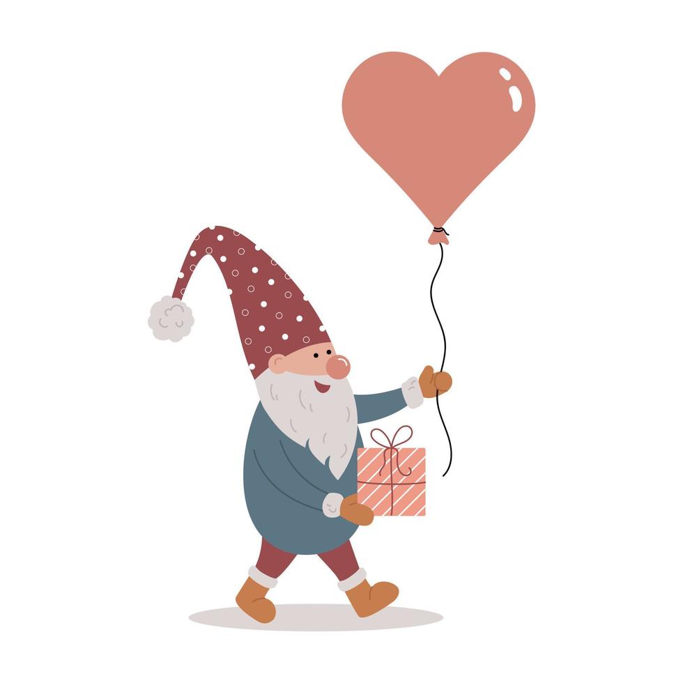 bonito gnomo escandinavo segurando um balão em forma de coração e presente e indo no feriado. vetor