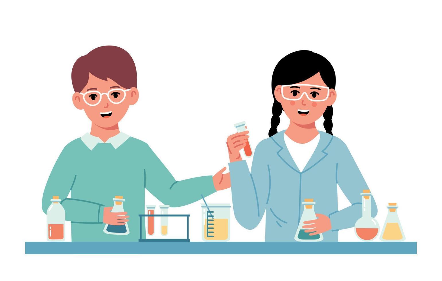 pequenos alunos fazendo experimento químico. laboratório de química. menino e menina cientista em sala de aula vetor