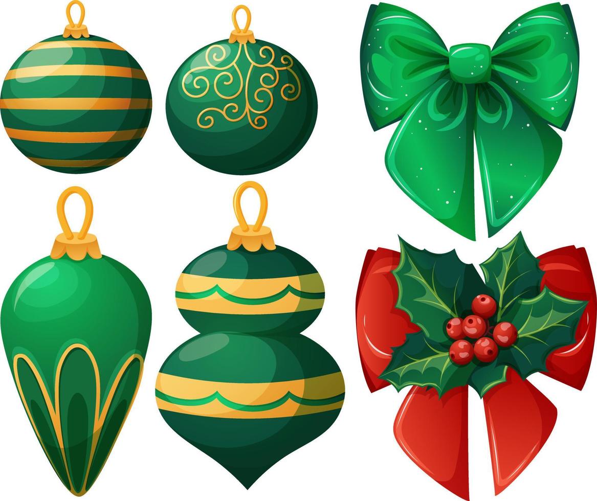 conjunto de brinquedos de árvore de natal verde, bolas e decorações vetor