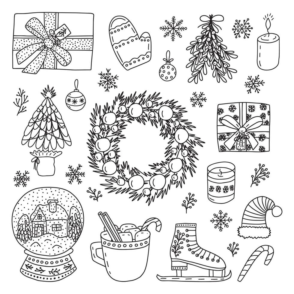 conjunto de elementos de natal doodle desenhado à mão. vetor para colorir doodle objetos de natal. coroa de flores, bola de neve, patins no gelo e caixa de presente.