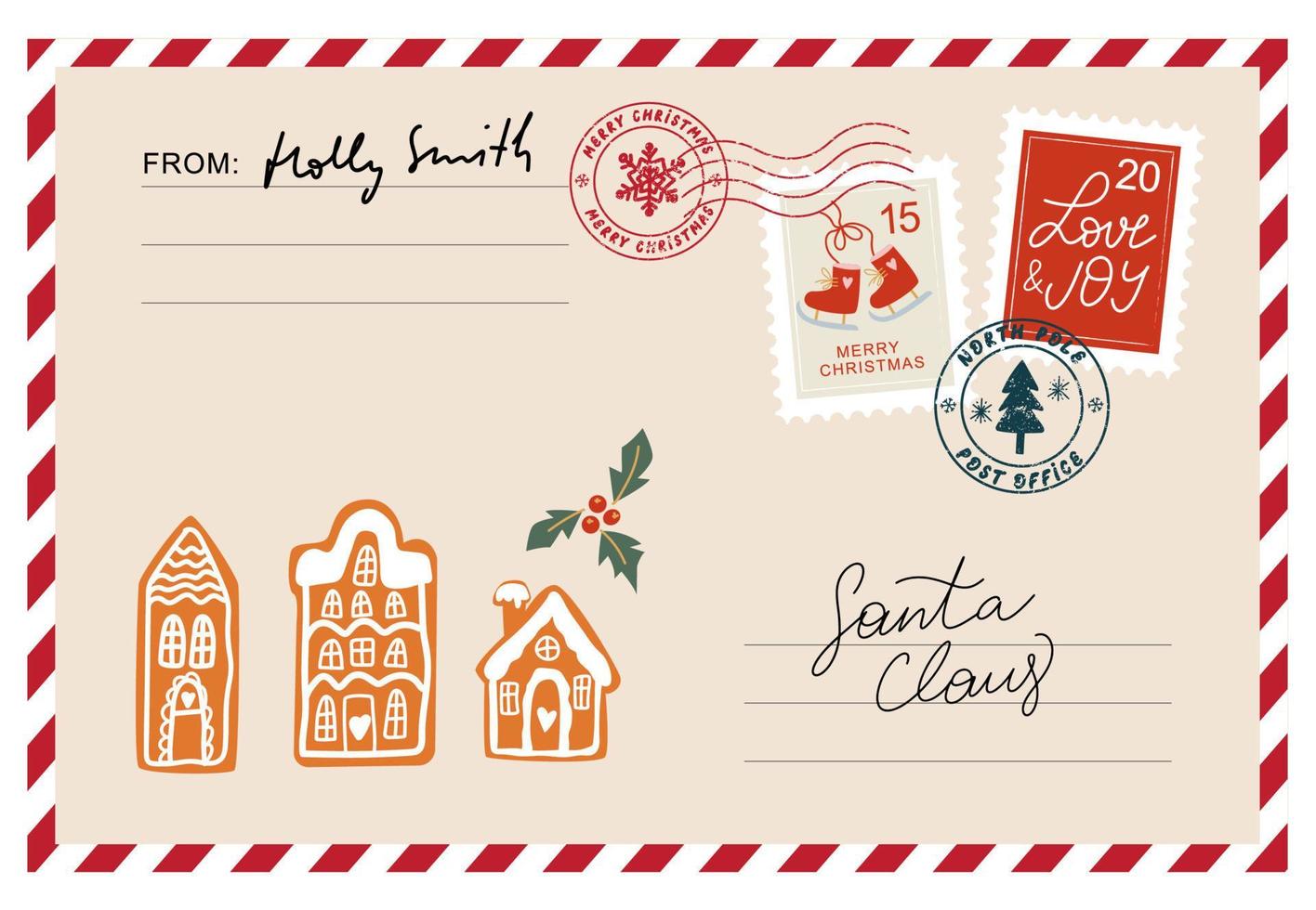 envelope de natal com selos, selos, casas de gengibre e inscrições para o papai noel. correio bonito papai noel. carta ao papai noel. boa lista vetor