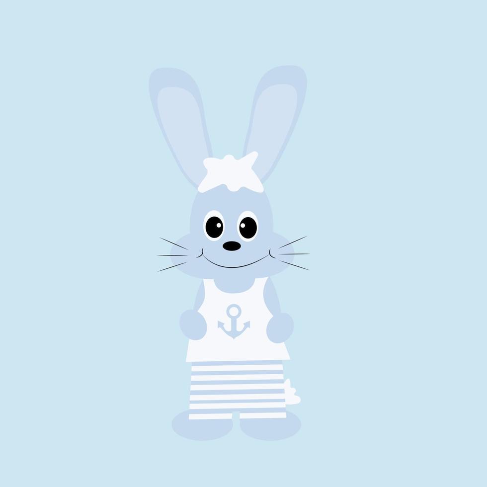 coelho bonito desenhado à mão em shorts e uma camiseta em um fundo azul vetor