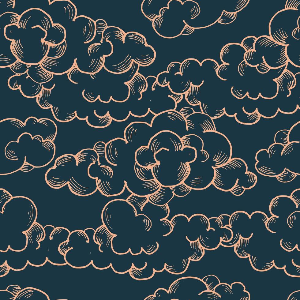 padrão de vetor sem costura com um desenho gravado de nuvens. linhas cor de rosa sobre fundo azul profundo. boa impressão para papel de embrulho, design de embalagem, papel de parede, telhas cerâmicas e têxteis
