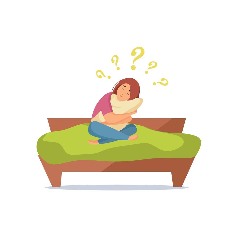 menina triste sentada na cama e abraçando um travesseiro. uma pessoa deprimida com um monte de perguntas. conceito de transtorno mental ou doença. ilustração vetorial de desenho animado vetor