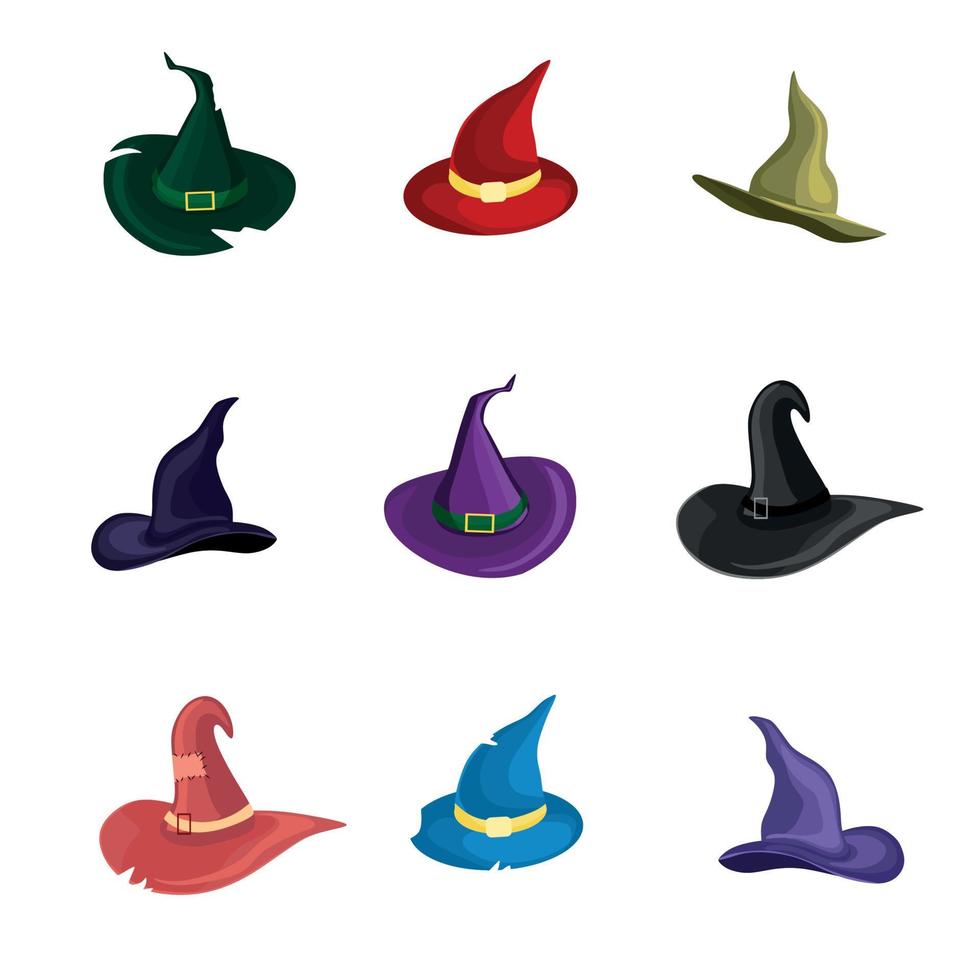 um conjunto de chapéus de bruxa coloridos com um cinto. uma fantasia de halloween. ilustração vetorial em estilo cartoon. vetor
