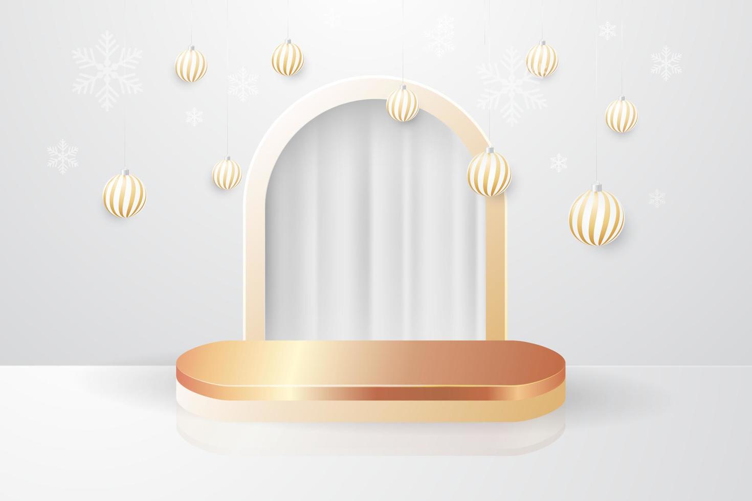 pódio de ouro de luxo com bolas de natal para exibição de produtos em fundo branco vetor