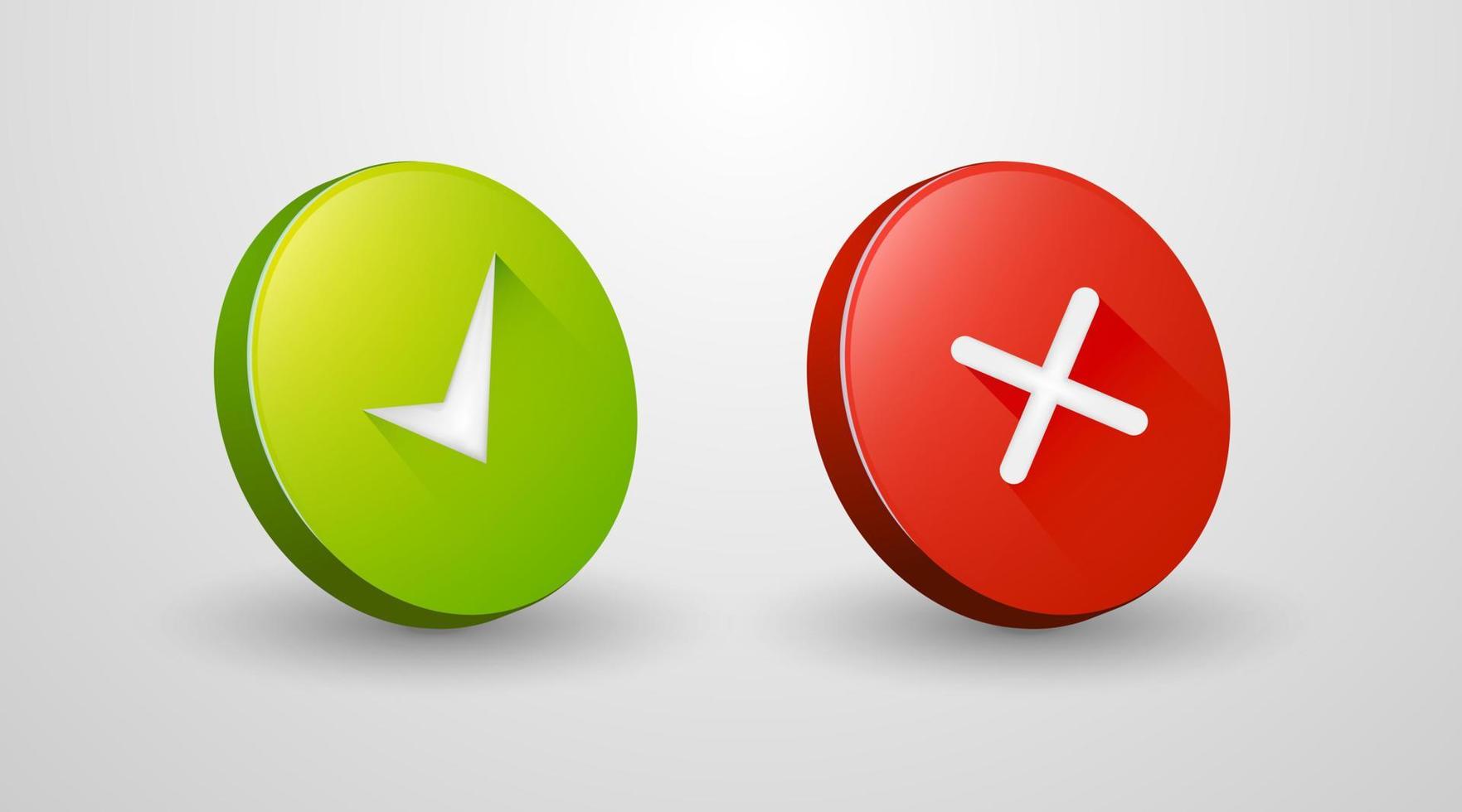 Ícones de marca de seleção 3D para web, símbolos de marca x em fundo branco isolado, sinais de marca de seleção nas cores verde e vermelha vetor