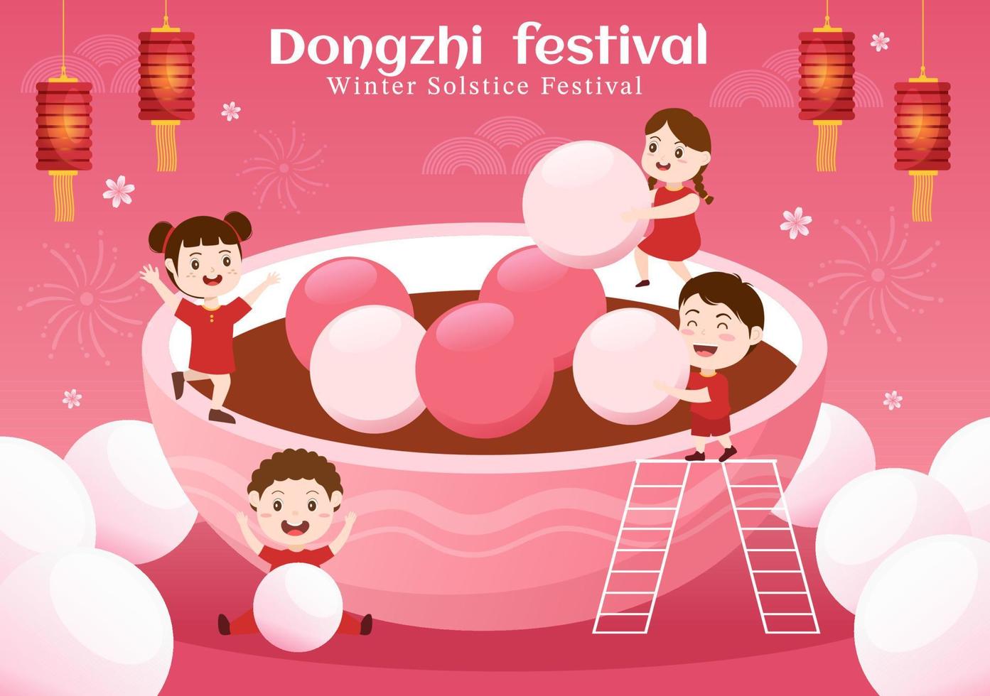 dongzhi ou modelo de festival de solstício de inverno ilustração plana de desenhos animados desenhados à mão com família desfrutando de comida chinesa conceito tangyuan e jiaozi vetor