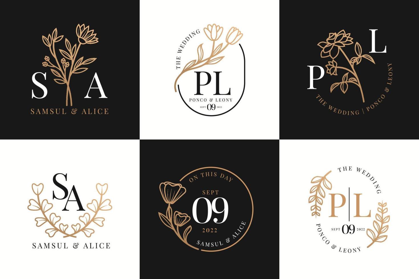 conjunto de modelos de logotipo de casamento monograma com flores vetor