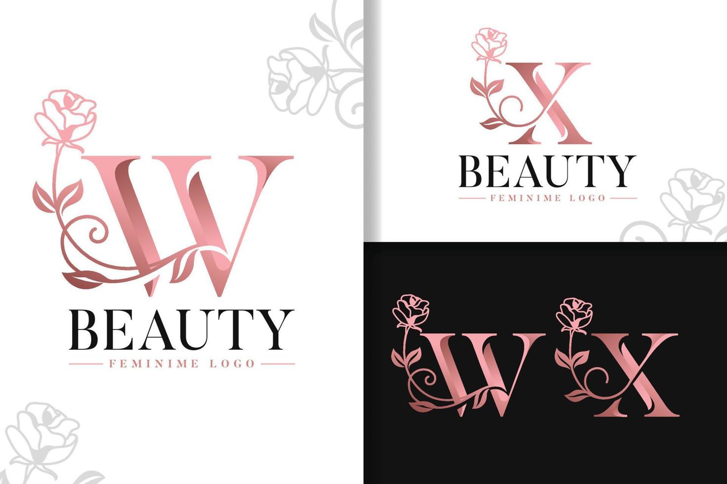 monograma feminino logotipo de ouro rosa letra w e x com flores vetor