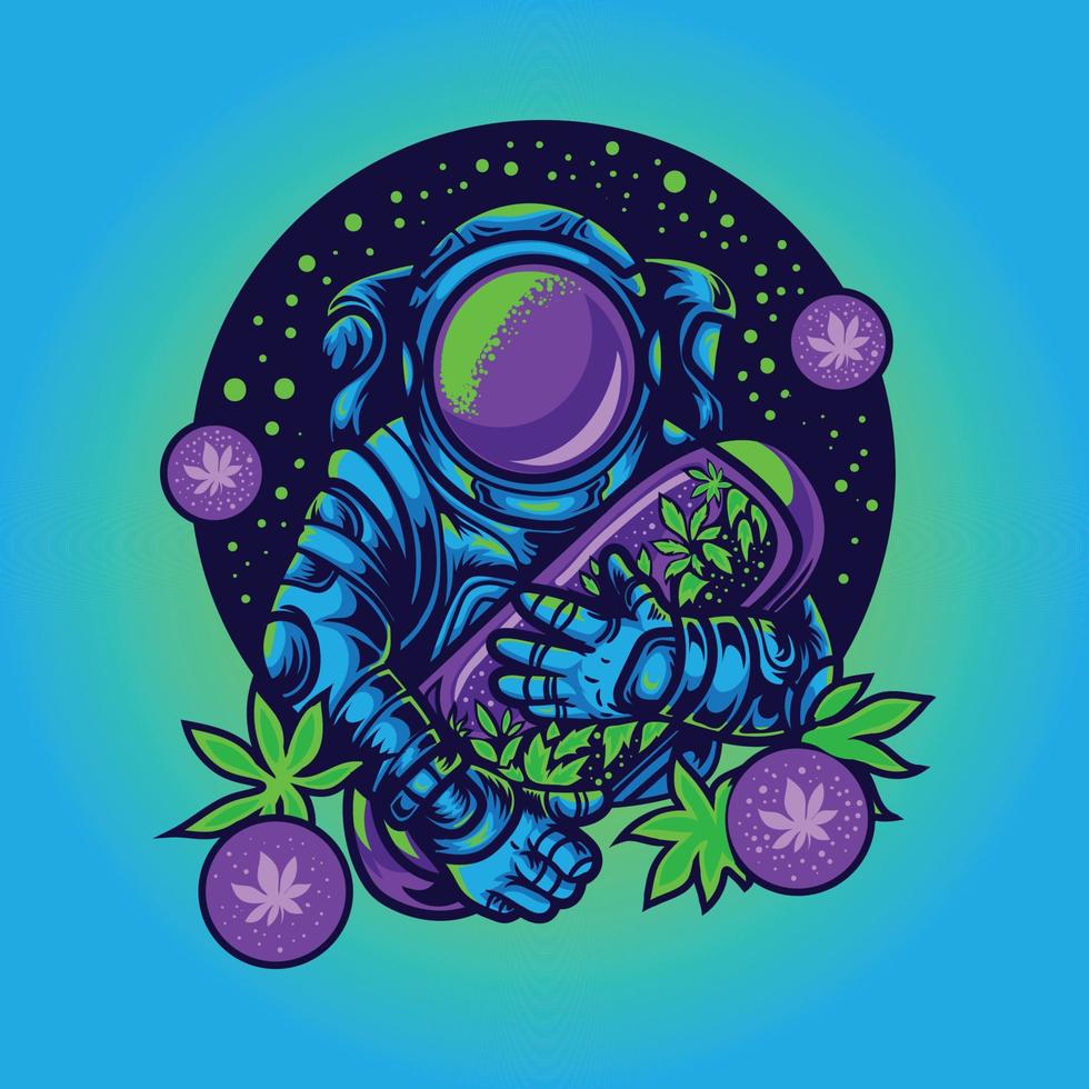 astronauta segurando ilustração de cápsula de cannabis vetor