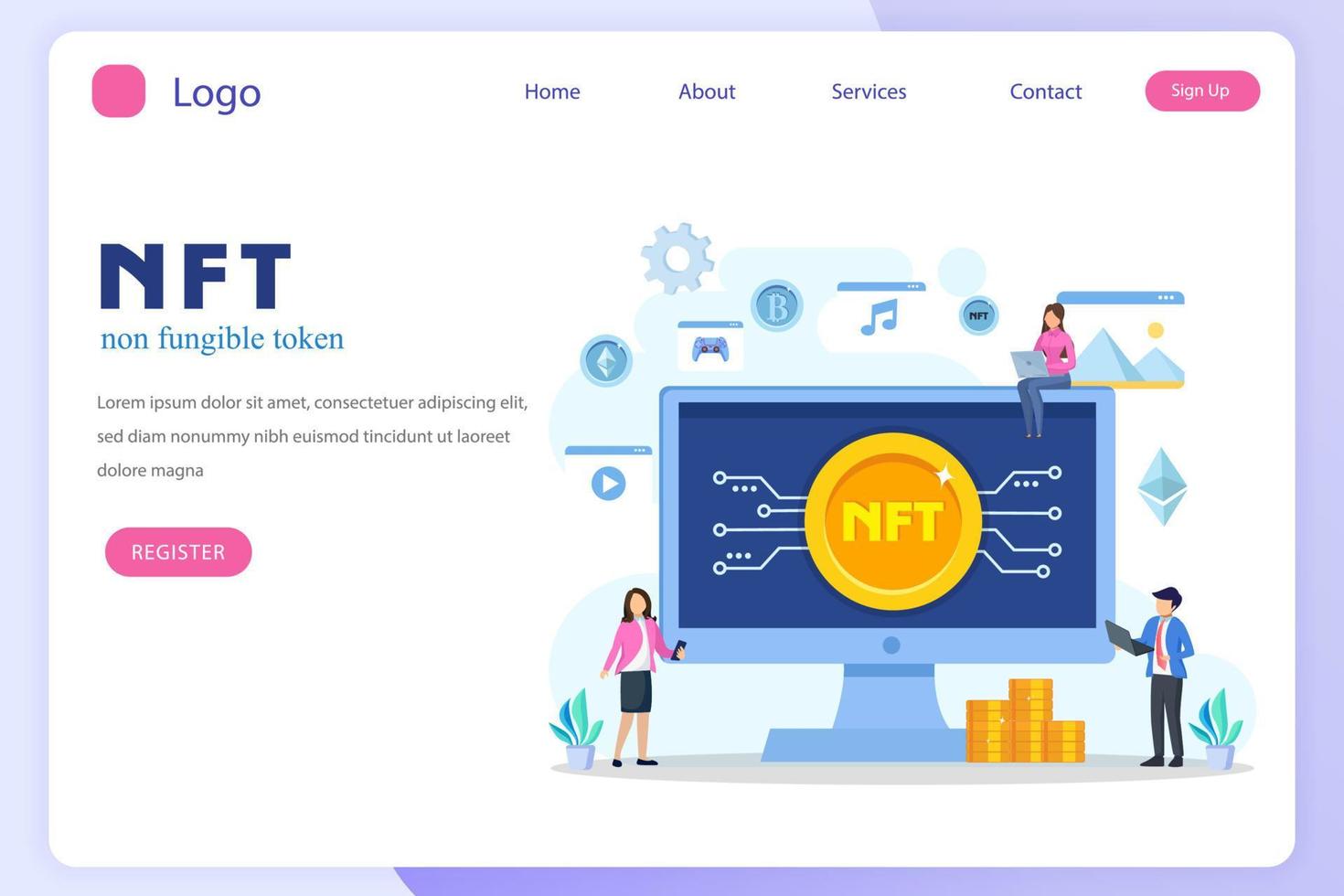 token não fungível nft, tecnologia blockchain de arte criptográfica digital, ilustração vetorial plana, vetor