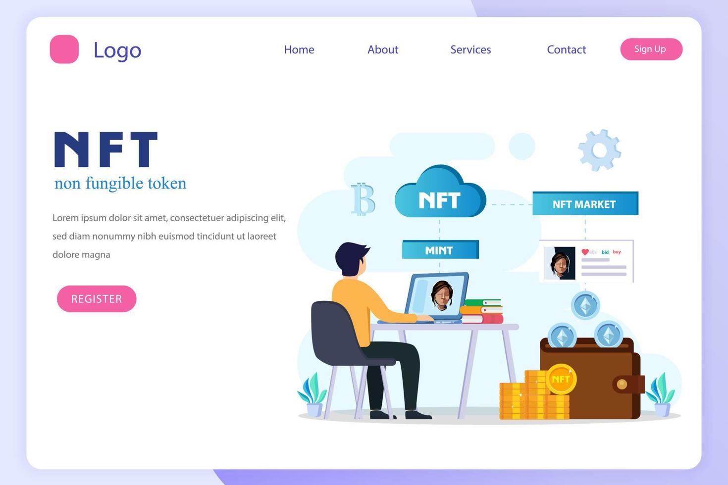 token não fungível nft, tecnologia blockchain de arte criptográfica digital, ilustração vetorial plana, vetor