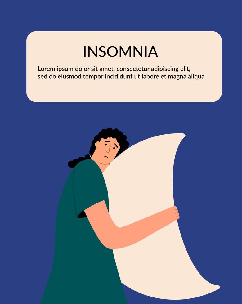 conceito de insônia. a menina abraça a lua crescente e não consegue dormir à noite. folheto médico, modelo, banner. ilustração vetorial em estilo simples vetor