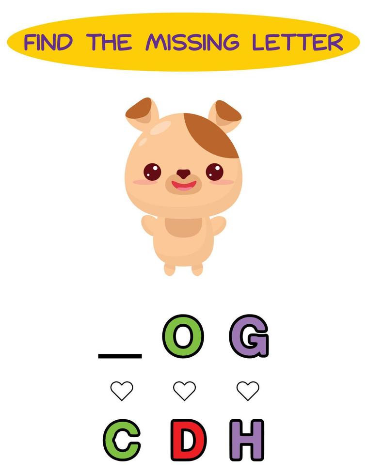 encontrar a letra que falta. cachorro kawaii. jogo de ortografia educacional para crianças. Quebra-cabeça de educação para crianças encontra carta faltante de planilha de bug imprimível de cachorro bonito dos desenhos animados vetor